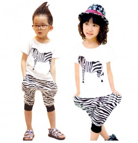 White zebra printed girls boys kids children modern dance performance jazz dance school play hip hop dance outfits costumes